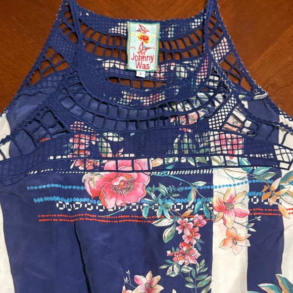 Johnny Was Floral Navy and Cream butterfly handkerchief style Tank Top - Picture 6 of 9